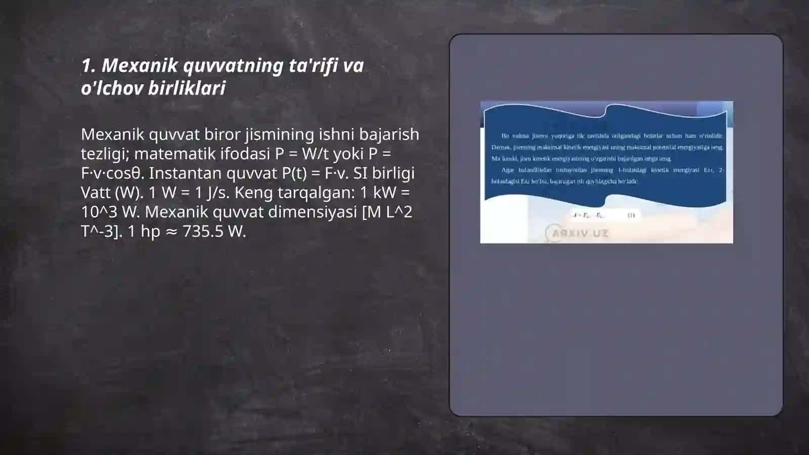 Mexanik quvvat.Mexanik energiya va uni saqlanish qonuni 3