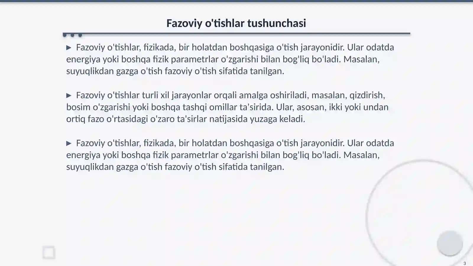 1 tur fazoviy o'tishlar nima uni tariflang 3