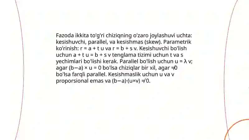 Fazoda tog'ri chiziqlarning o'zaro joylashuvi 3