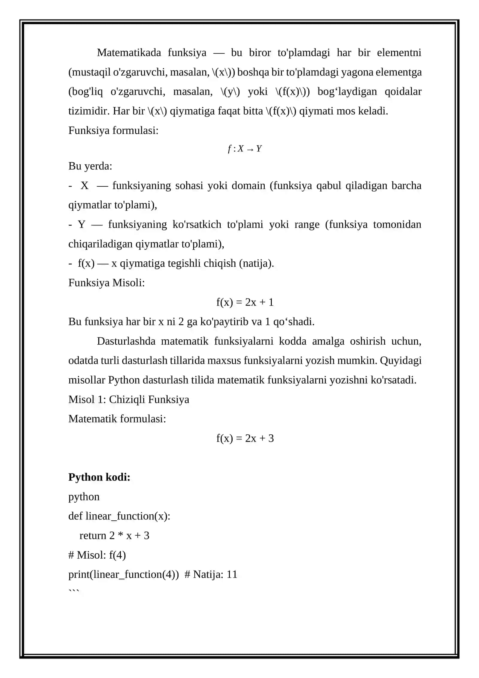 Matematik funksiyaga tushuncha bering va ulardan misollar keltiring 3