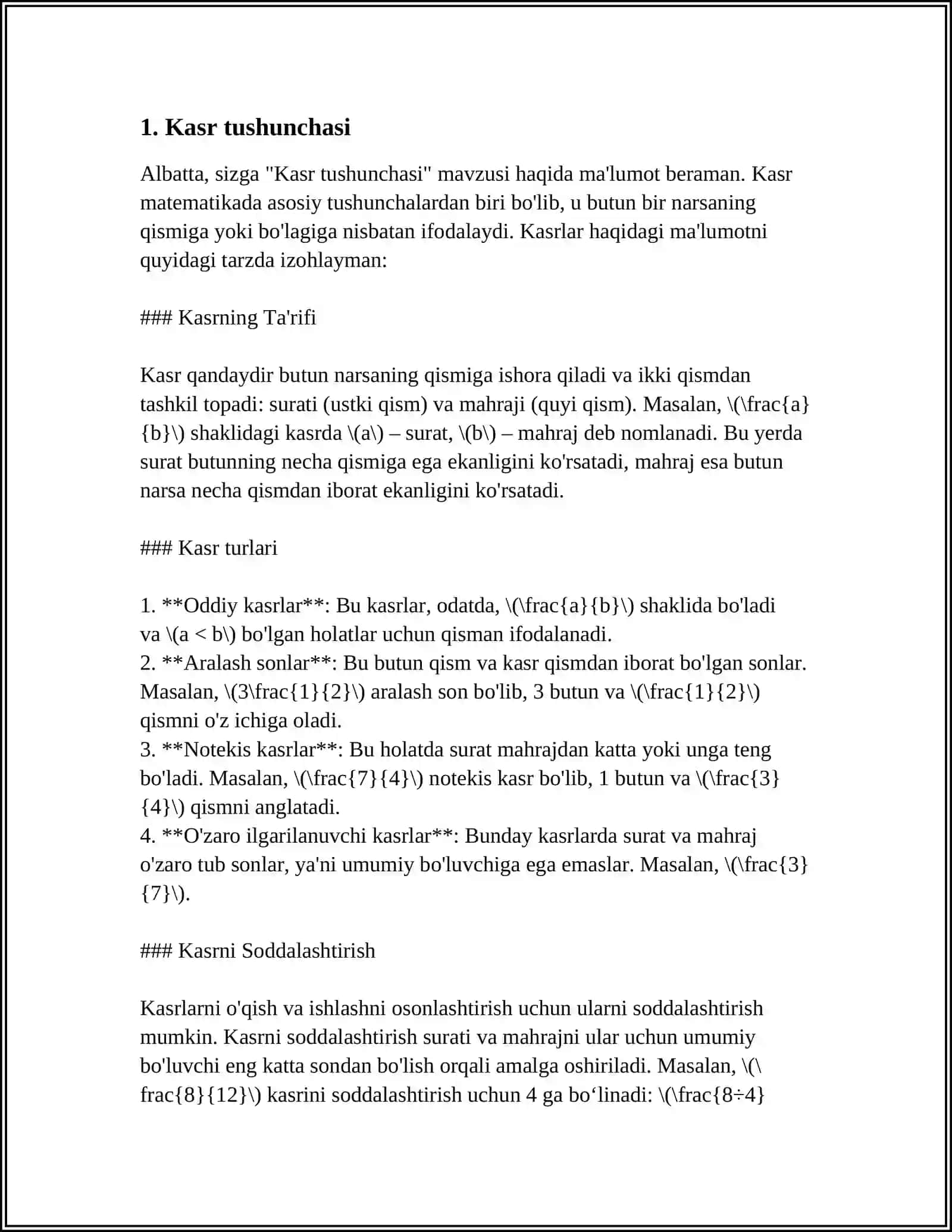 ALGEBRAIK KASRLAR USTIDA AMALLAR 3