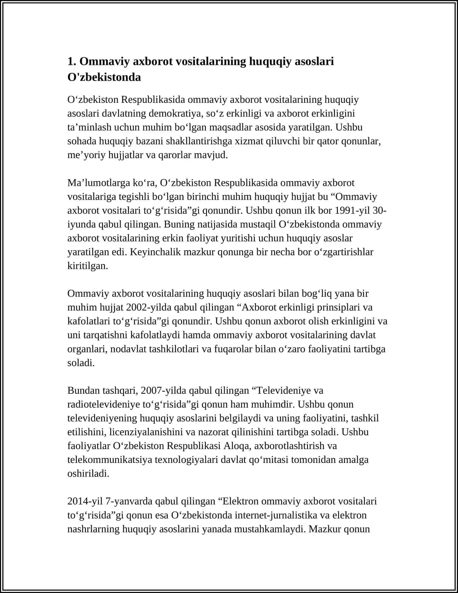 MUSTAQIL ISH Mavzu: O‘ZBEKISTON RESPUBLIKASIDA OMMAVIY AXBOROT VOSITALARINING FAOLIYATI 3