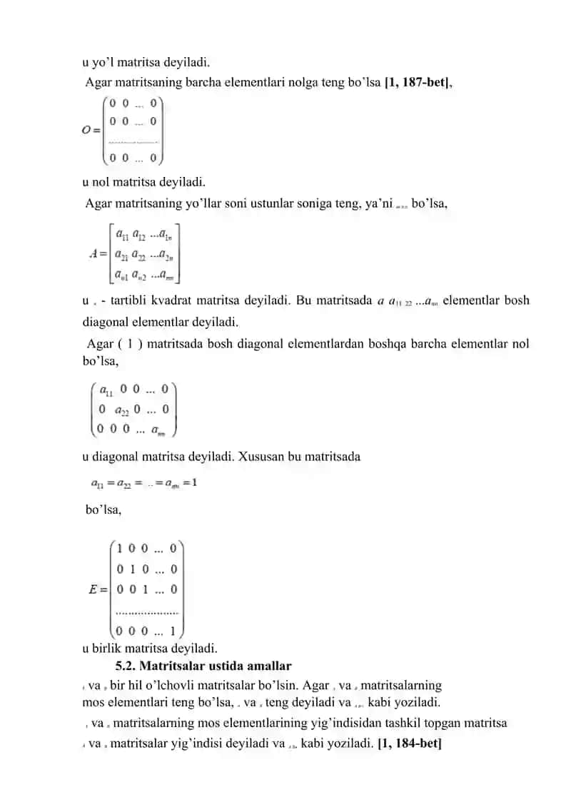 Matritsa va ular ustida amallar. Determinant tushunchasi va uni hisoblash. 3