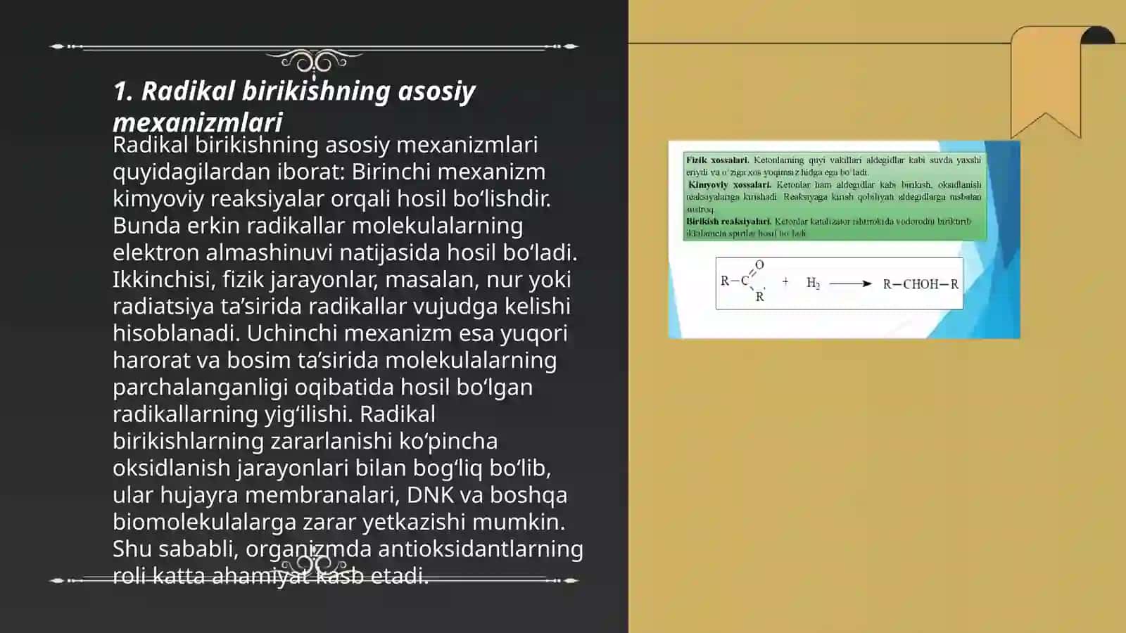Radikal birikish radikal faoliyat zarralar. Qarash effekti 3