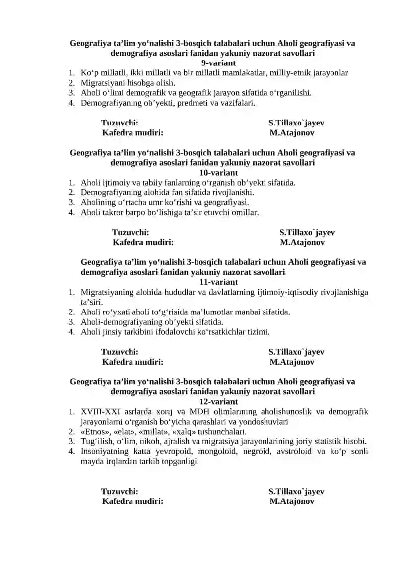 Aholi geografiyasi va demografiya asoslari nazorati 3