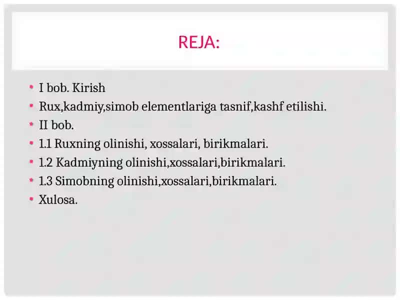 Rux, kadmiy, simob elementlarining olinishi, xossalari va birikmalari 3