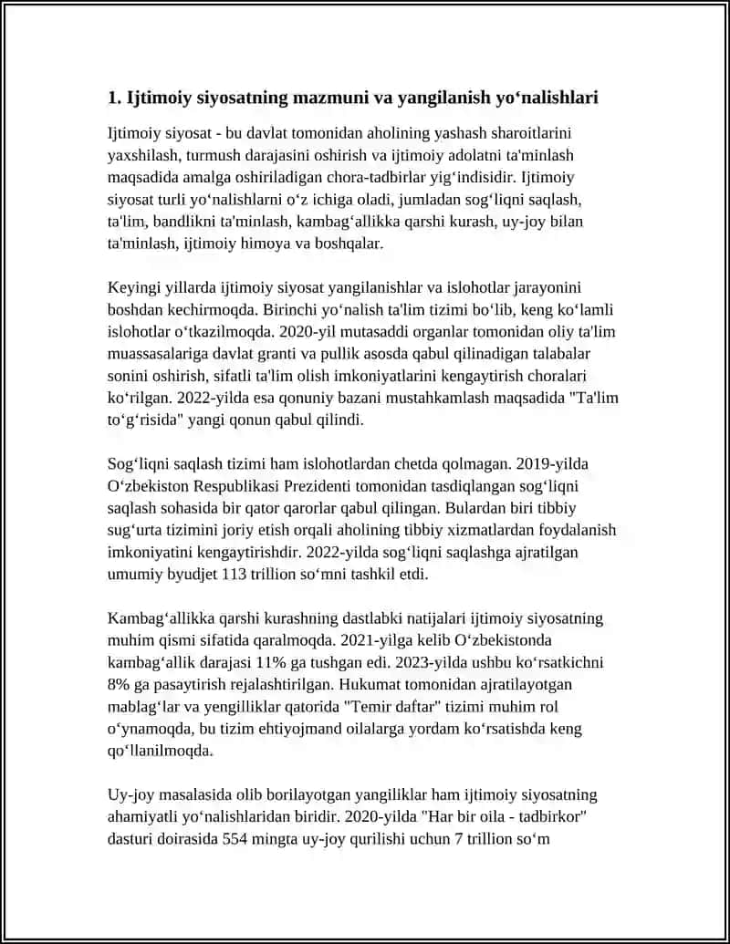 O'ZBEKISTONDA IJTIMOIY SOHADA AMALGA OSHIRILAYOTGAN O'ZGARISHLAR MAZMUN VA MOHIYATI 3