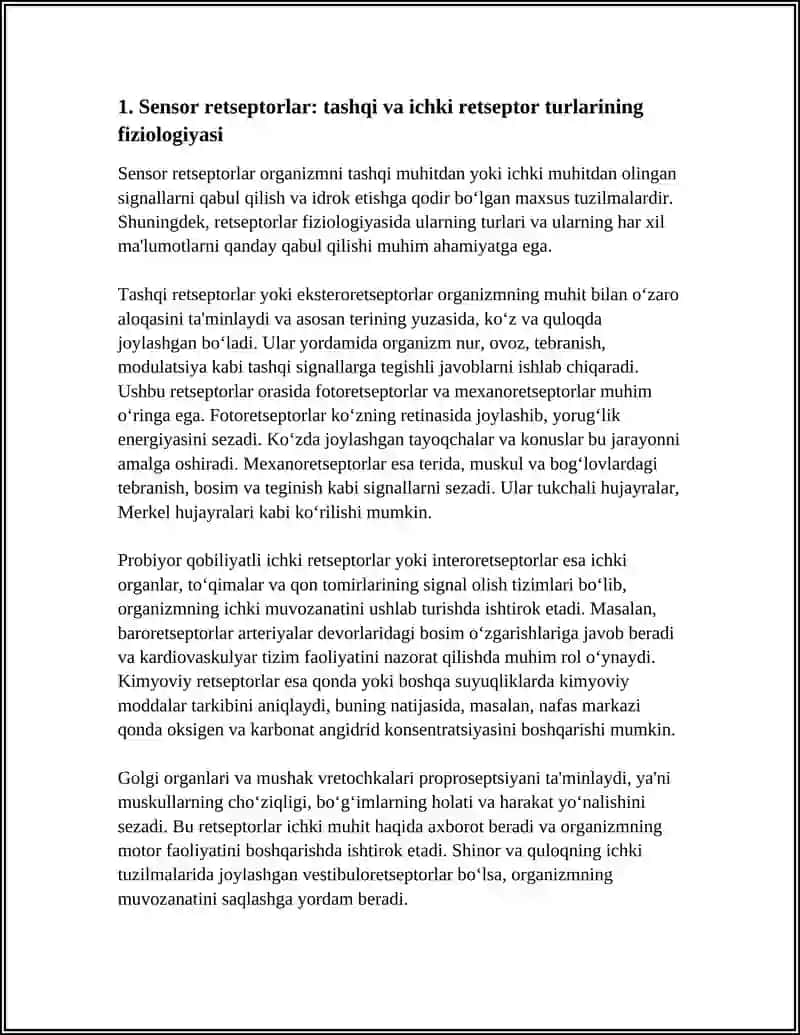 ANALIZATORLAR FIZIOLOGIYASI SENSOR RETSEPTSIYA. XID BILISH VA TA'M SEZISH FIZIOLOGIYASI. VISTSERORETSEPTSIYA 3