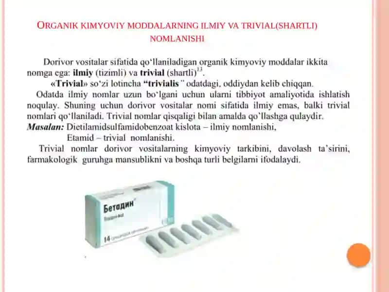 Dorivor moddalarning trivial nomlari. Tarkibiy qismchalar. Dori shakllari. 3