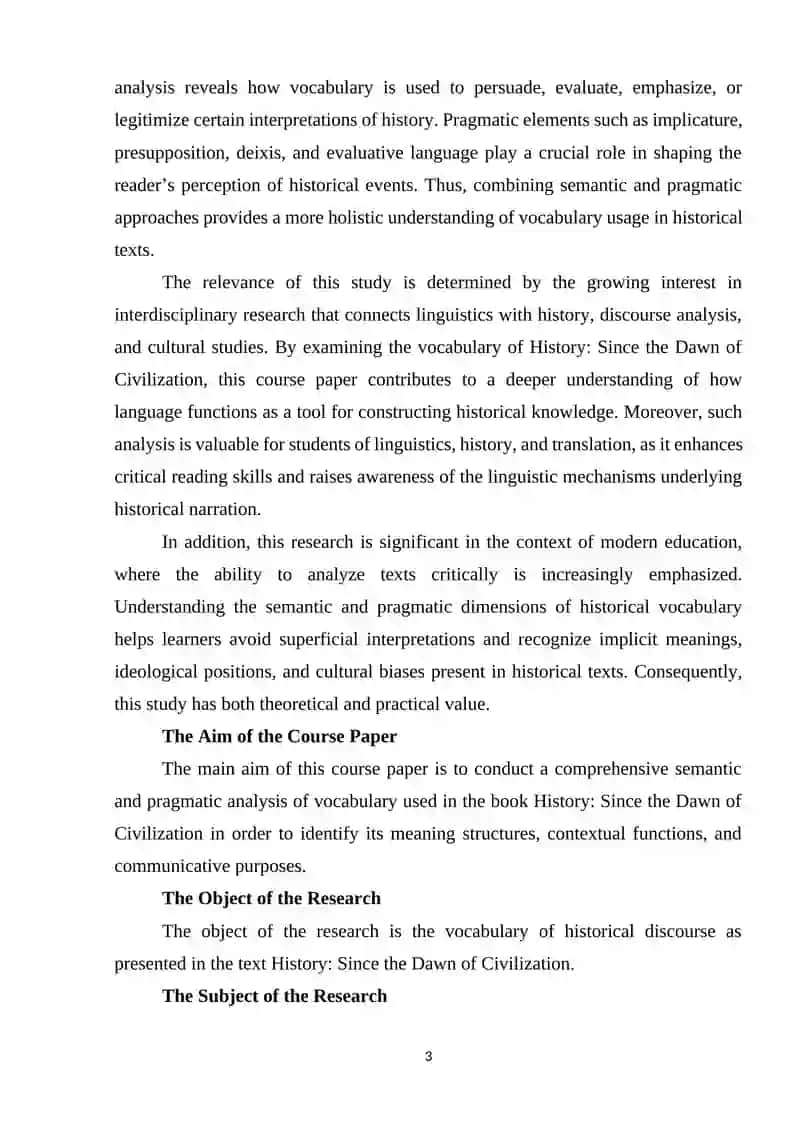 A semantic and Pragmatic Analysis of Vocabulary in History since the down of civilization 3