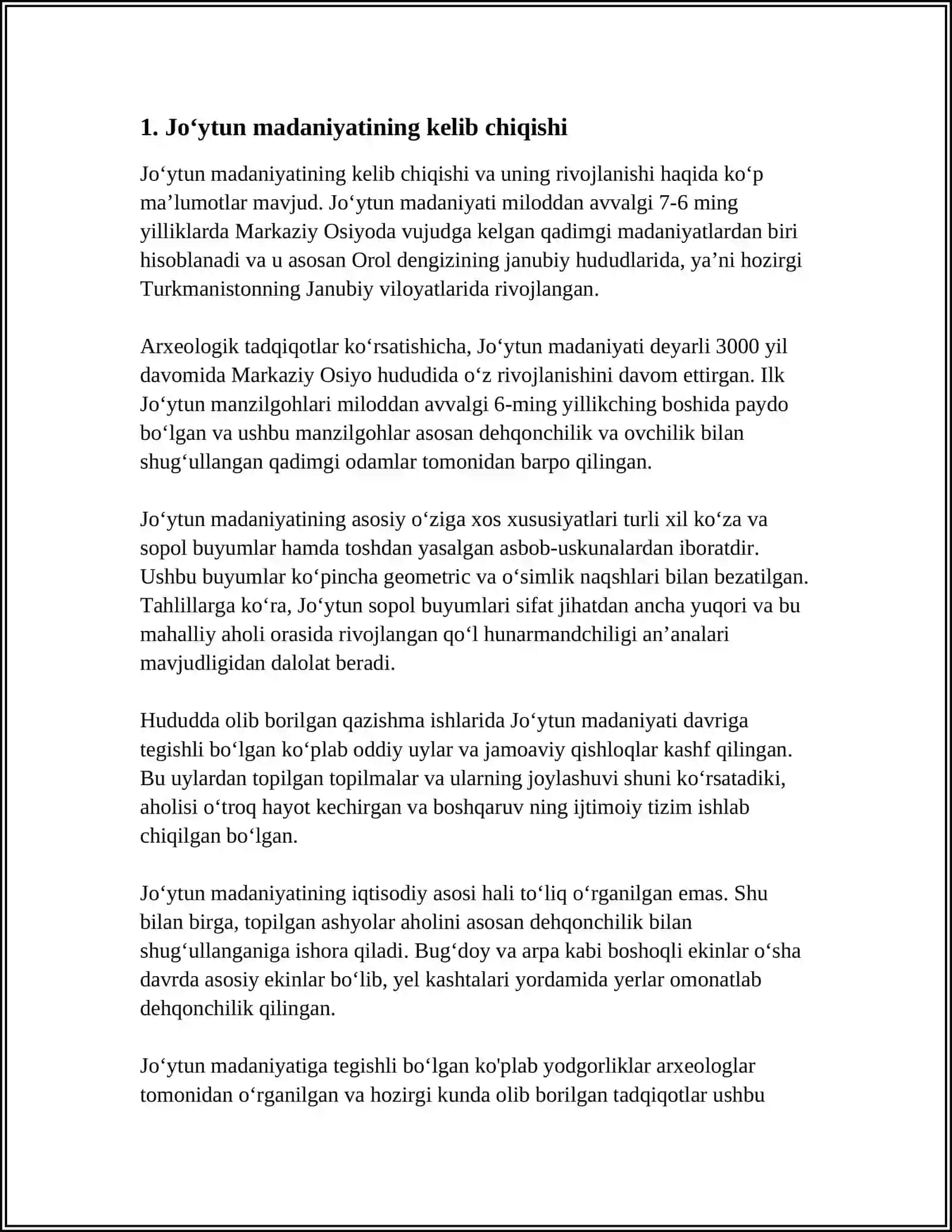AXEALOGIYA FANIDAN MUSTAQIL ISH REFERAT " JOYTUN MADANIYATI" 3