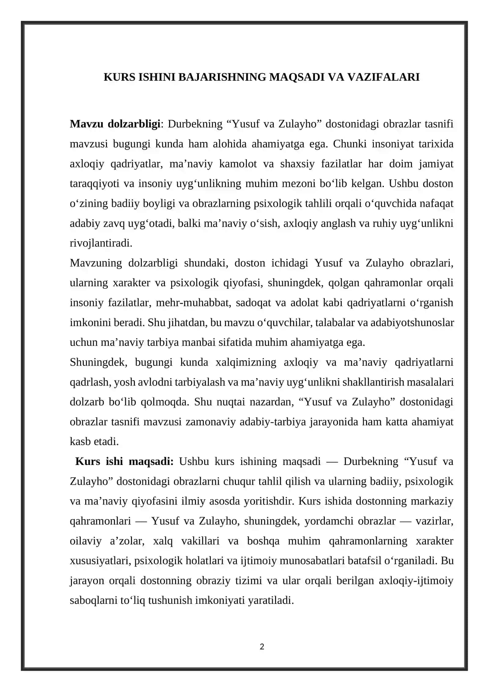 Durbekning Yusuf va Zulayho dostonidagi obrazlar tasnifi 3