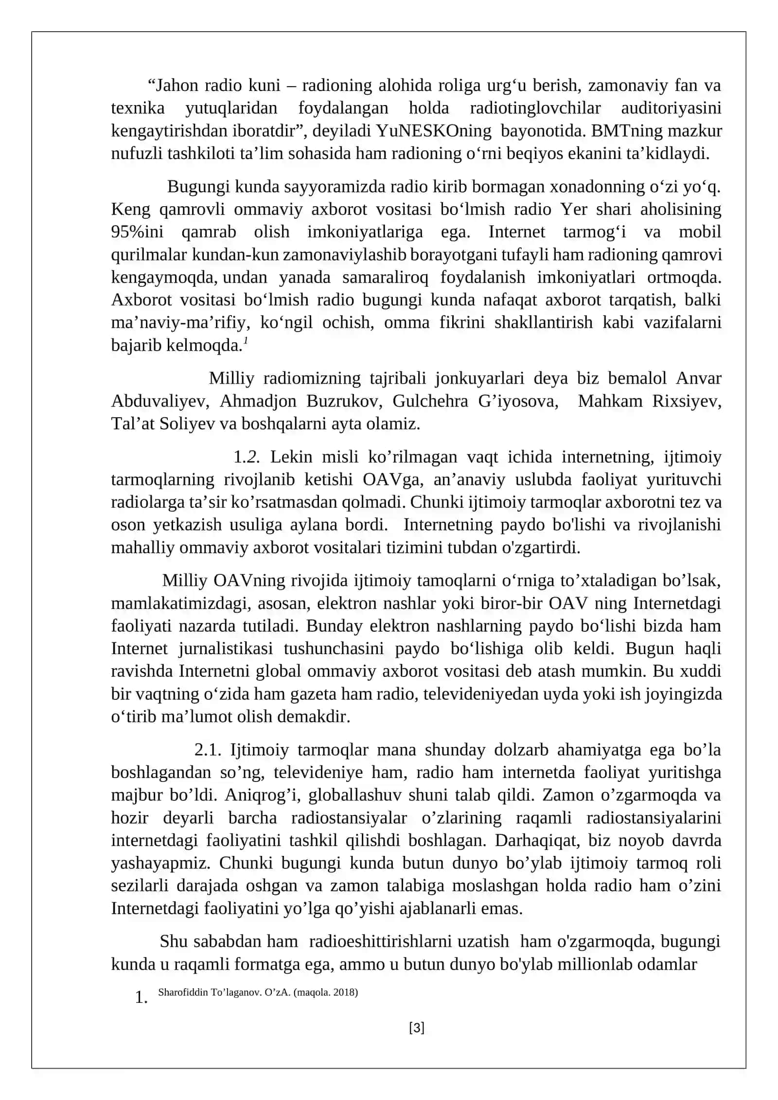 “Telekanallarning internetdagi faoliyati” fanidan “Internet tizimida radio” mavzusida KURS ISHI 3