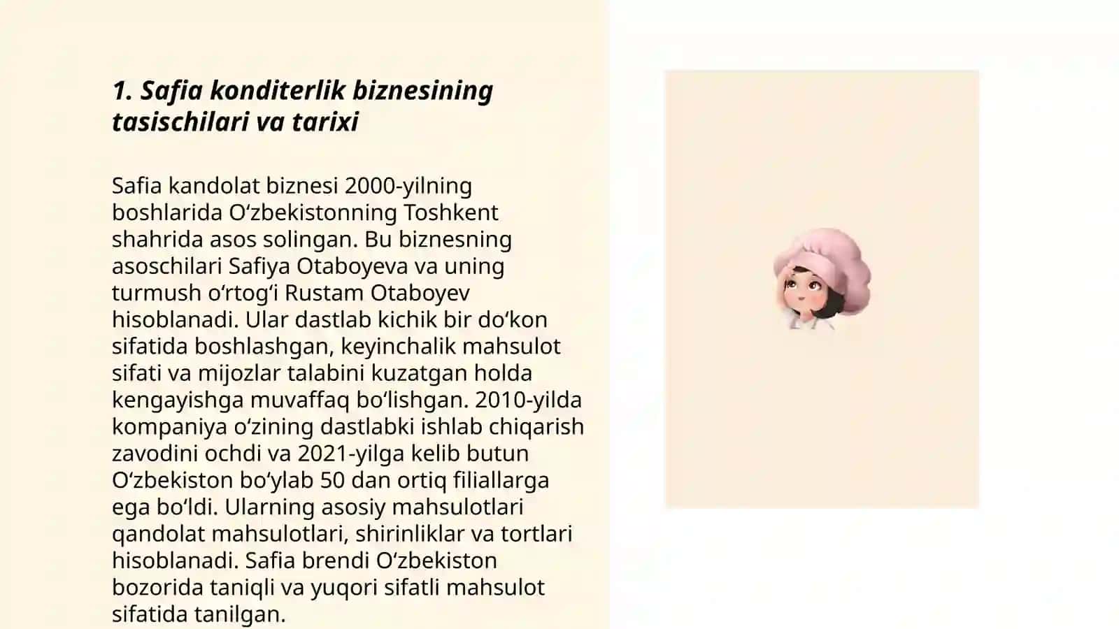 Safia konditerlik biznesining faoliyati va kelib chiqishi 3