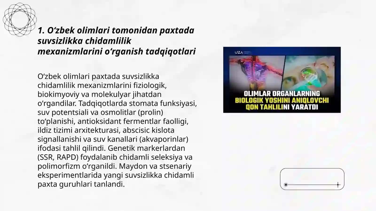 Oʻsimliklar fiziologiyasiga hissa qoʻshgan oʻzbek olimlarini olib borgan ilmiy tadqiqot ishlari 3