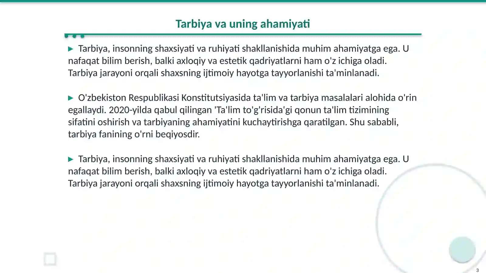 Tarbiya fanidan: Ibrat maskani 3