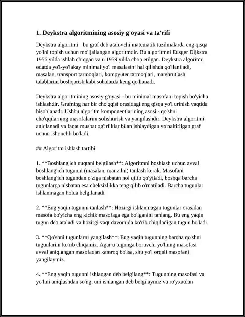 GRAFLARDA ENG QISQA YO'LNI ANIQLASHNING DEYKSTRA ALGORITMLARI 3