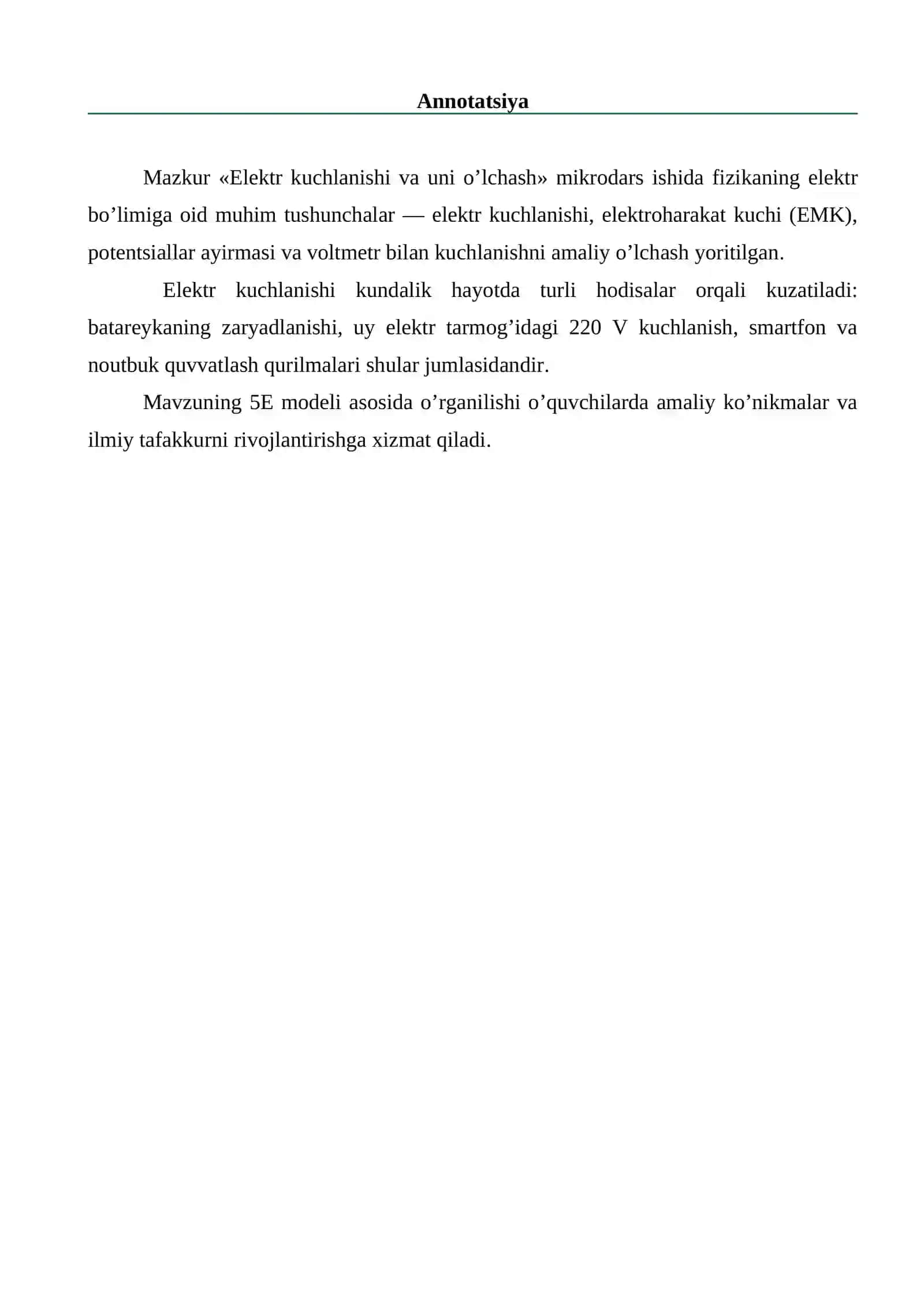 «Elektr kuchlanishi va uni o’lchash» MIKRODARS ISHI 3