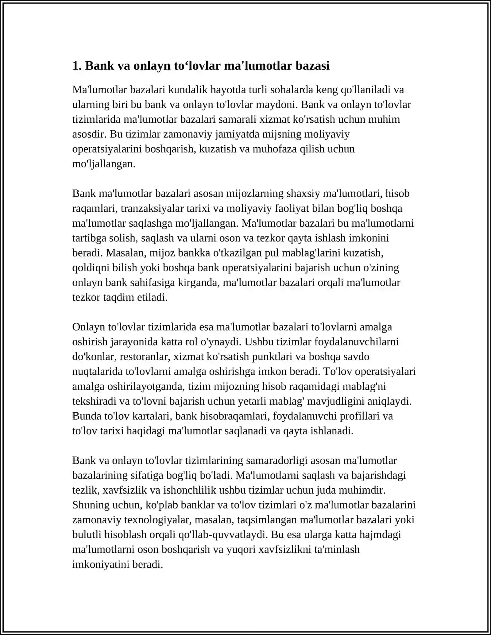 MA'LUMOTLAR BAZASINING KUNDALIK HAYOTDA QO'LLANILADIGAN MISOLLAR 3