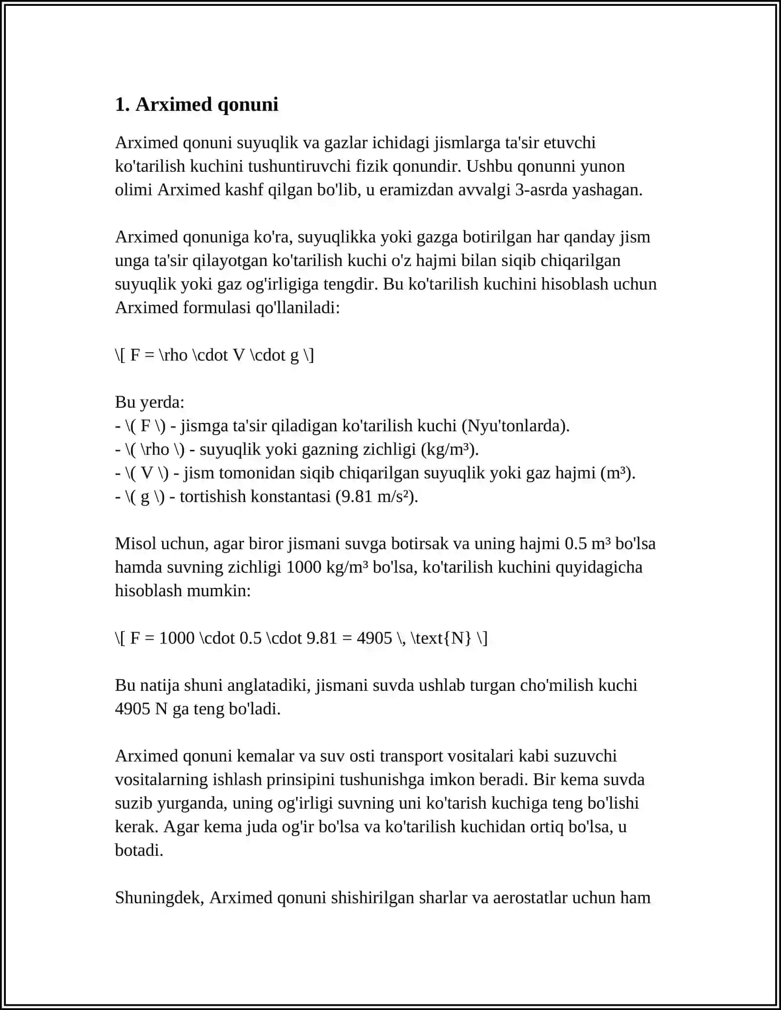 SUYUQLIKLARDA ARXIMED KUCHI 3