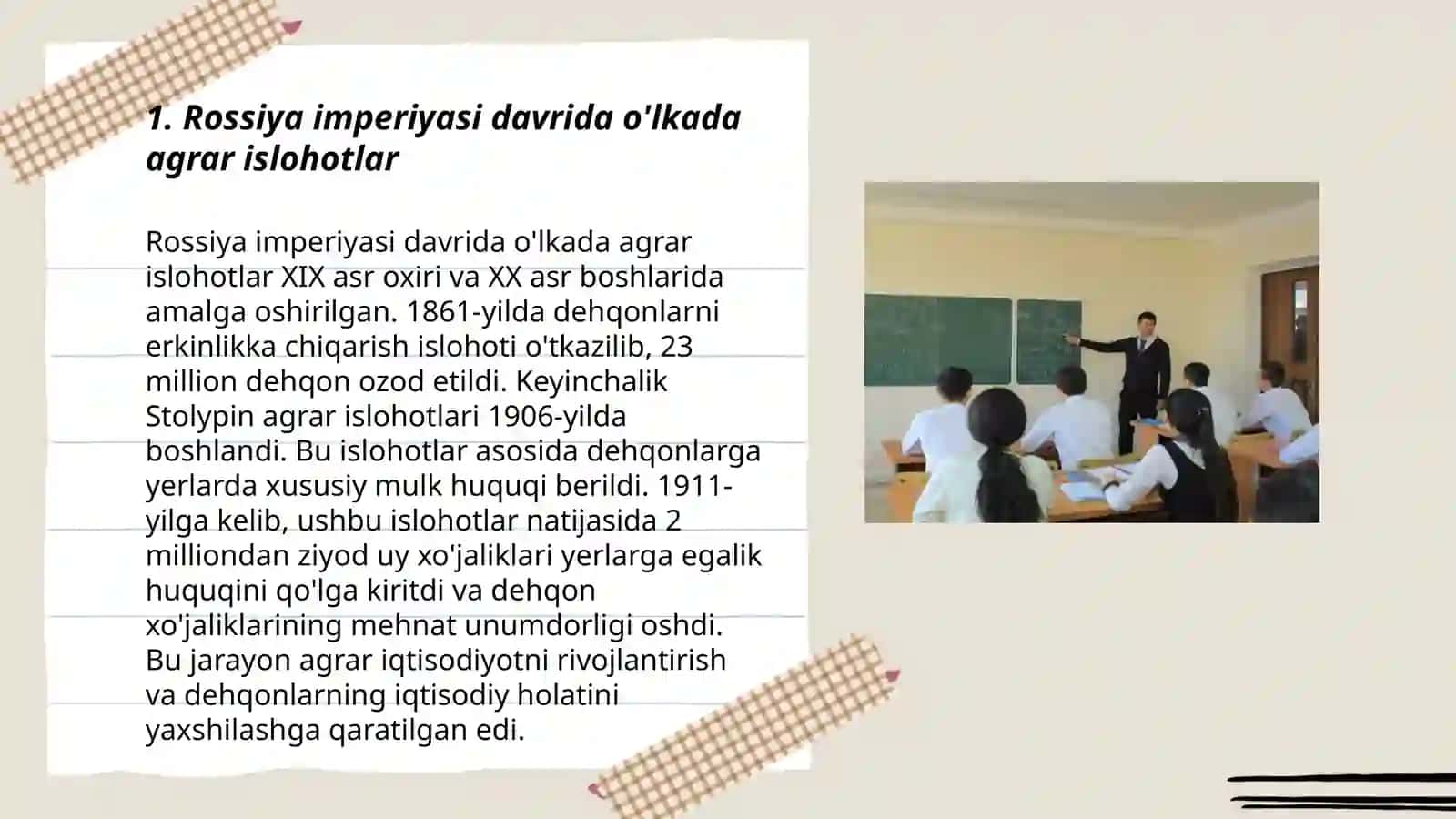 Rossiya Emperiyasi va sovet hukmronligi davrida o'lkadagi ijtimoiy-iqtisodiy, siyosiy va ma'naviy jarayonlar 3