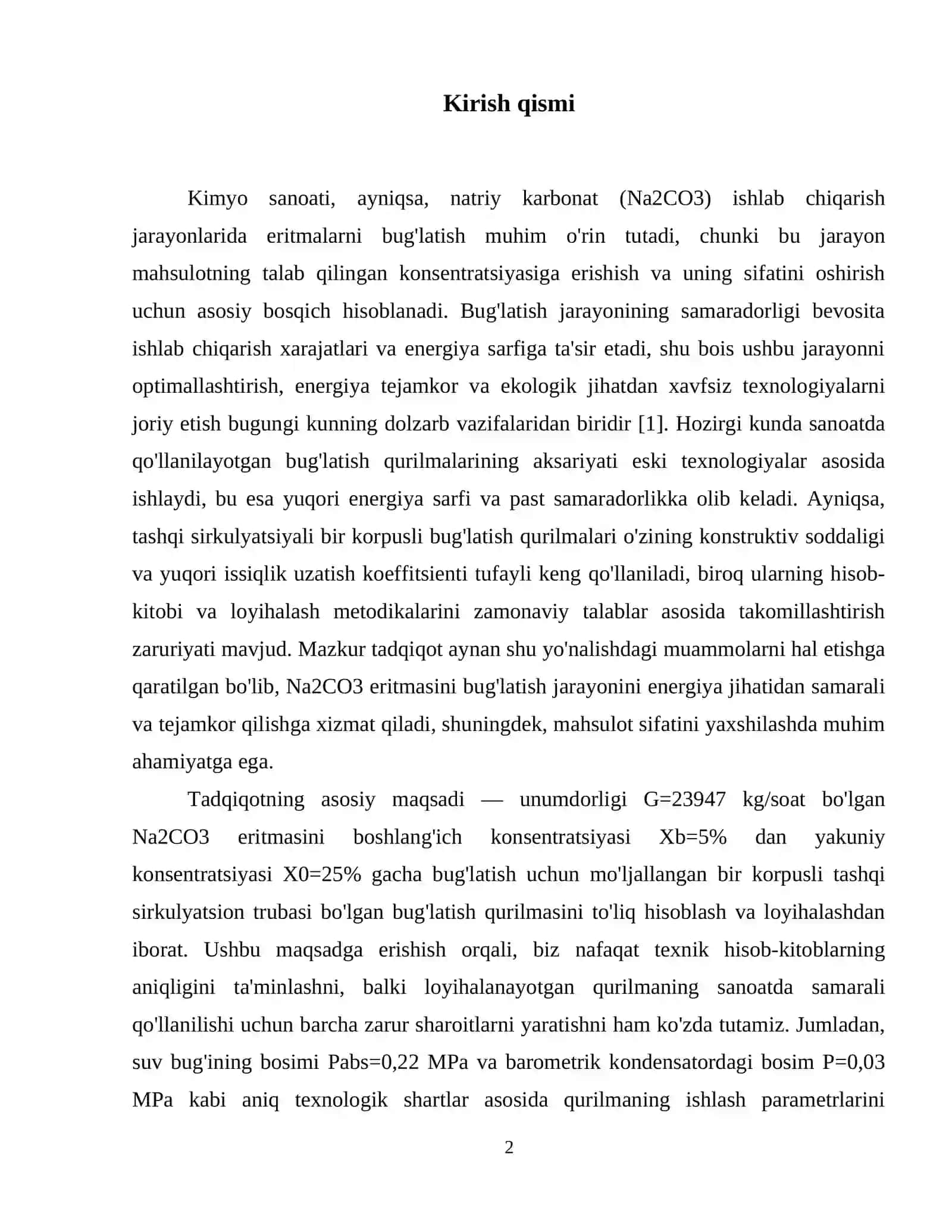 Unumdorligi G=23947 kg/soat bo‘lgan Na2CO3 eritmasini Xb=5% dan X0=25% gacha bug‘latish uchun bir korpusli tashqi sirkulyasion trubasi bo‘lgan bug‘latish qurilmasini hisoblang va loyihalang. Suv bug‘ining bosimi Pabs=0,22 MPa. Barometrik kondensatordagi bosim P=0,03 MPa. 3