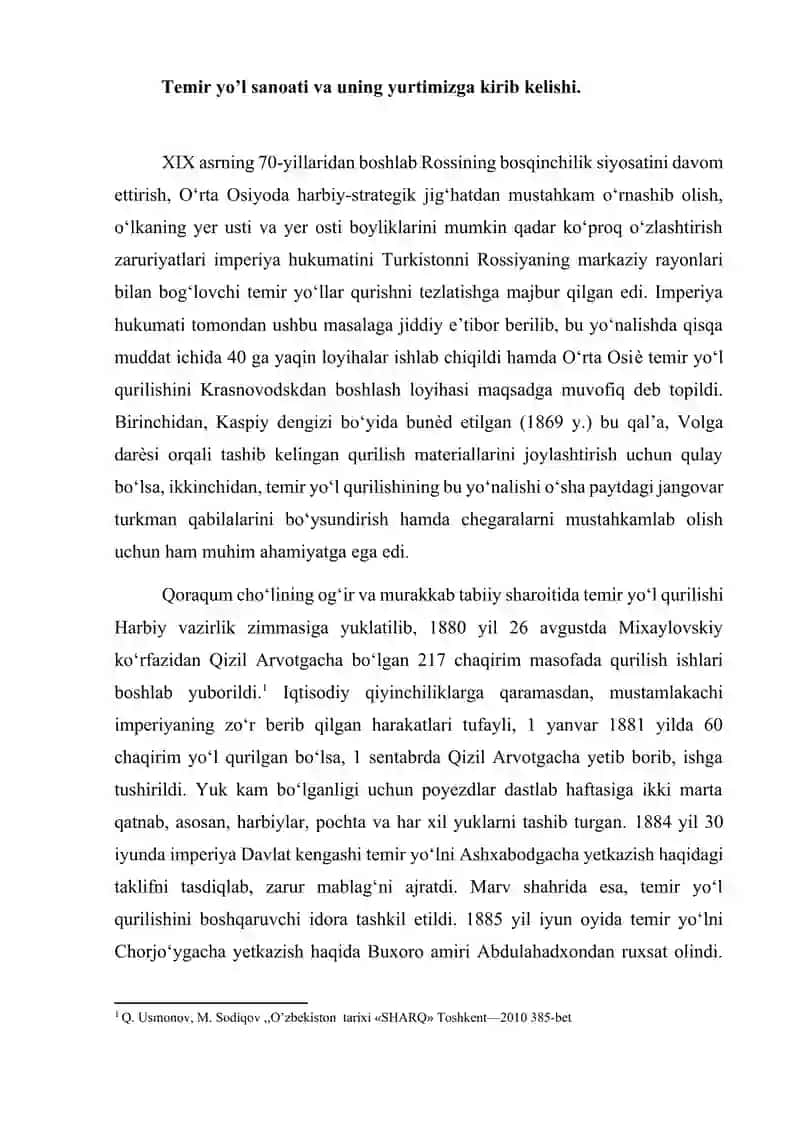 O’zbekistonda temir yo’llarni kirib kelishi va uning ahamiyati. 3