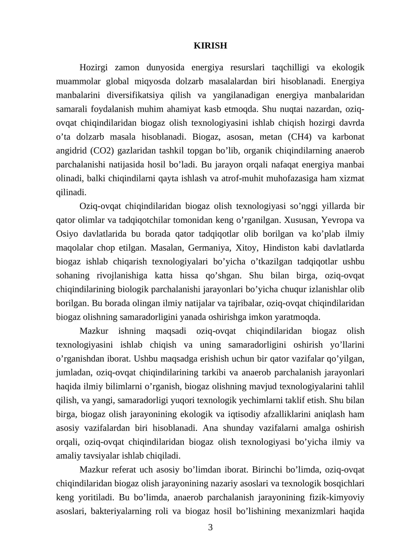 Oziq ovqat chiqindilaridan biogaz olish texnologiyasini ishlab chiqish 3