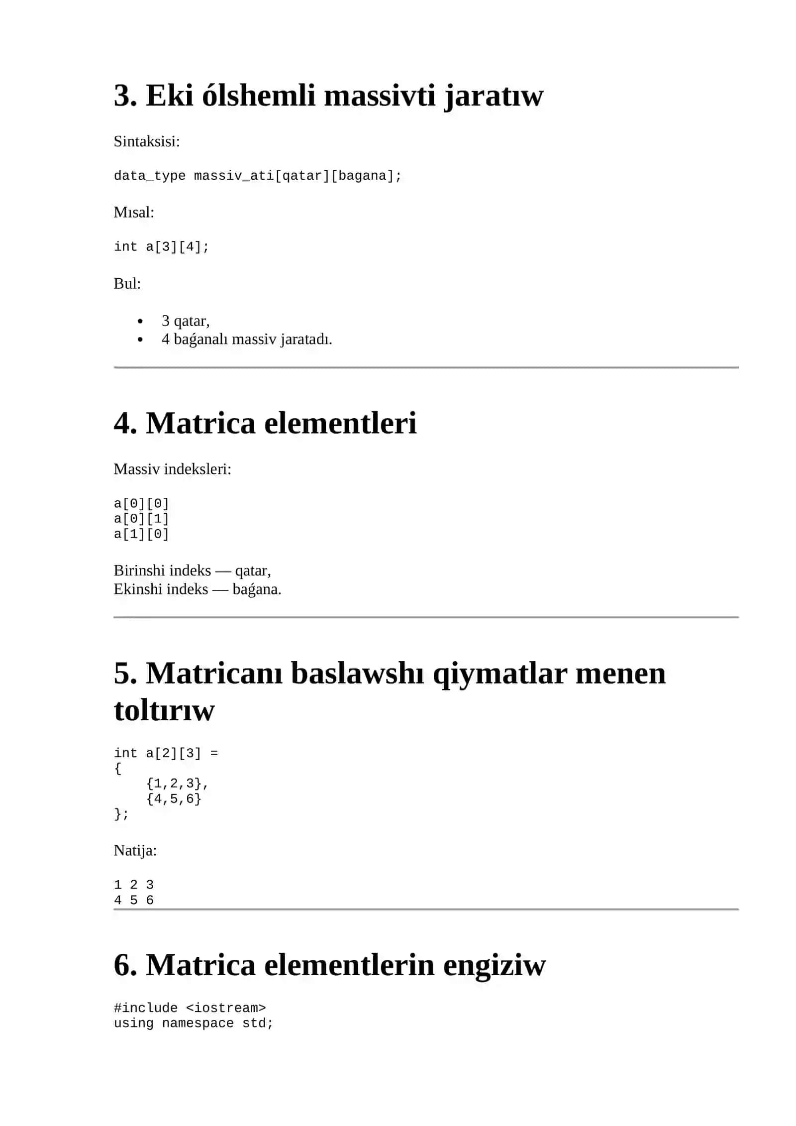 C++ tilinde kóp ólshemli massivler hám eki ólshemli massivler (matricalar) 3