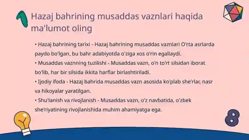 Hazaj bahrining musaddas vaznlari mavzusida 3