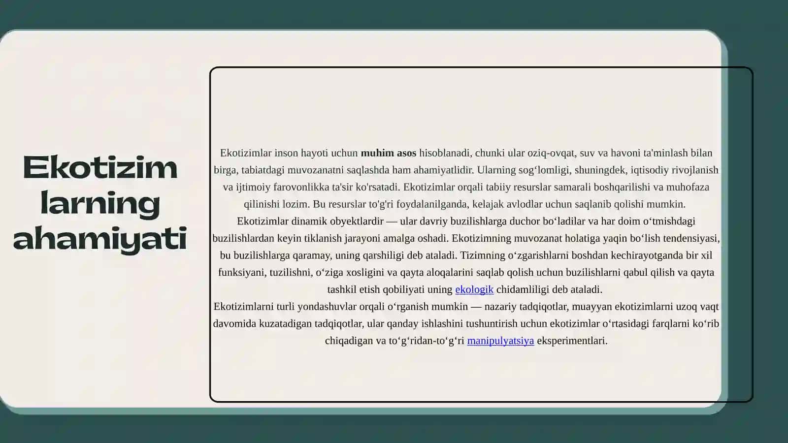 Ekotizimlar, ularning komponentlari va ahamiyati 3