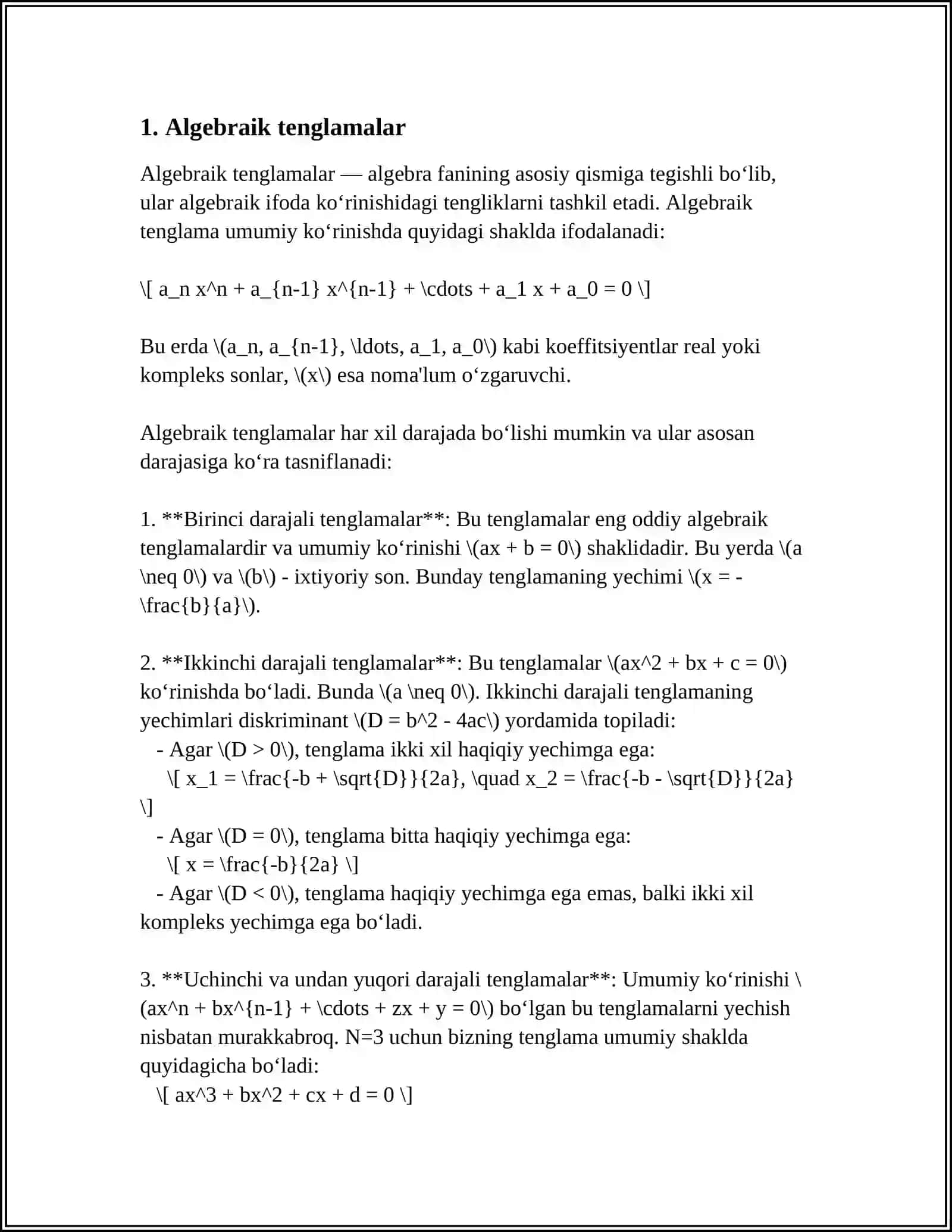 Algebraik tenglamalar 3