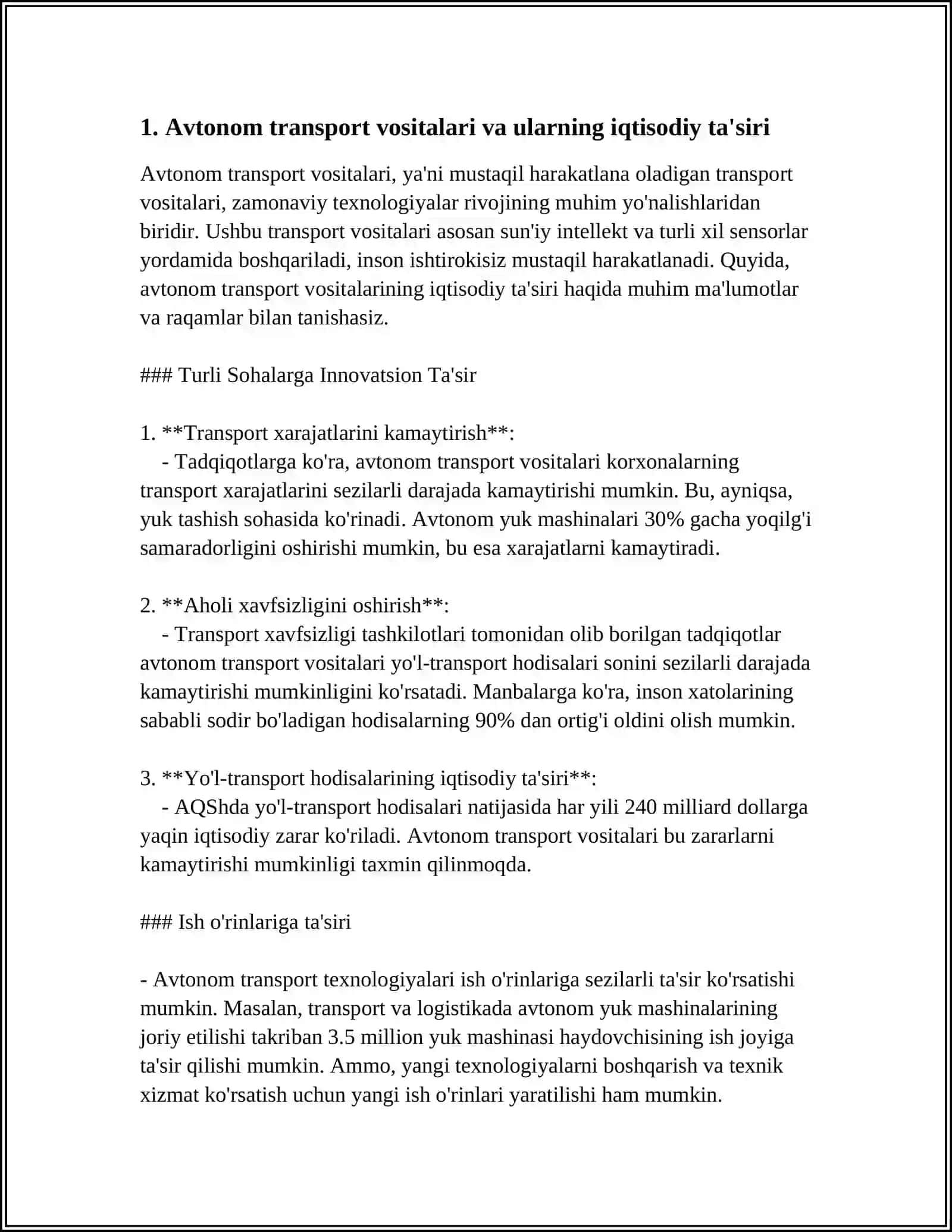 YO‘L TRANSPORTI SOXASIDA INNOVASIYALAR VA ULARNING IQTISODIY AFZALLIKLARI 3