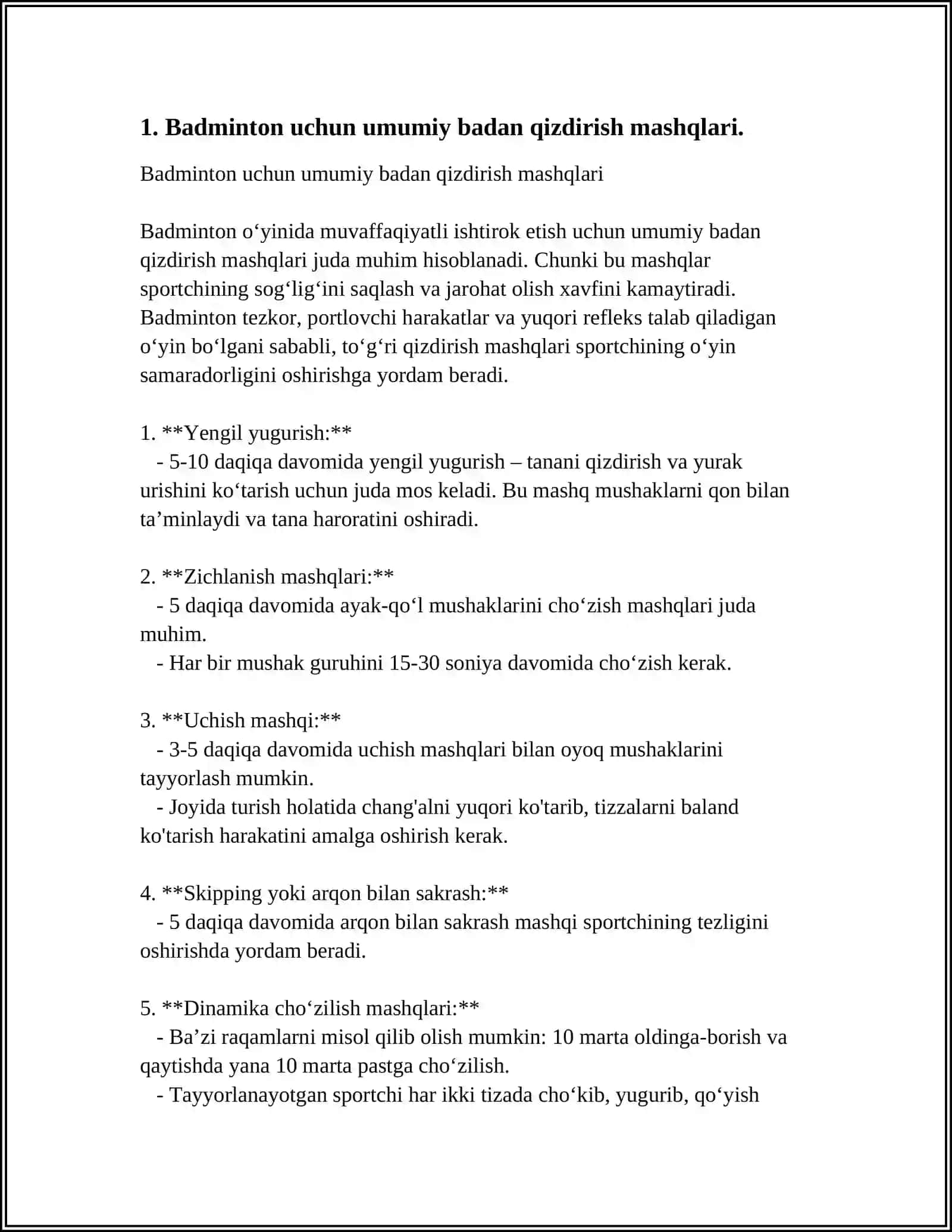 Badminton uchun umumiy badan qizdirish mashqlari 3