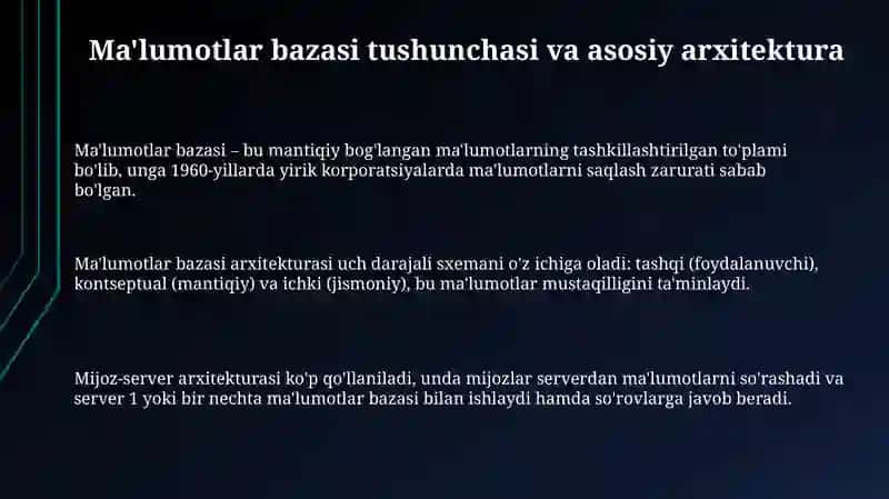 Ma'lumotlar bazasi. Uning arxitekturasi 3