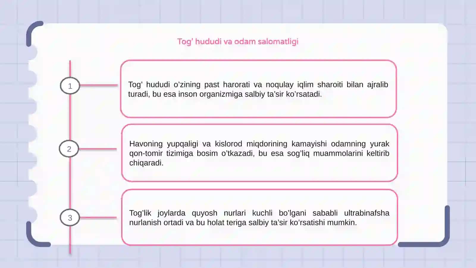 Tog’ hududining odam organizmiga tasir ko’rsatuvchi omillar 3