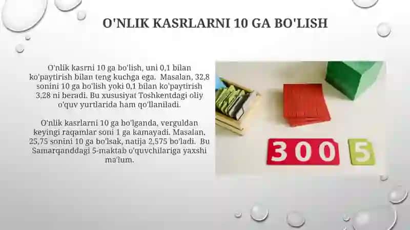 Oʻnlik kasrlarni 10 ga boʻlish 3