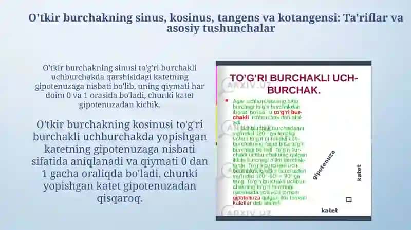 O‘TKIR BURCHAKNING SINUSI, KOSINUSI, TANGENSI VA KOTANGENSI 3