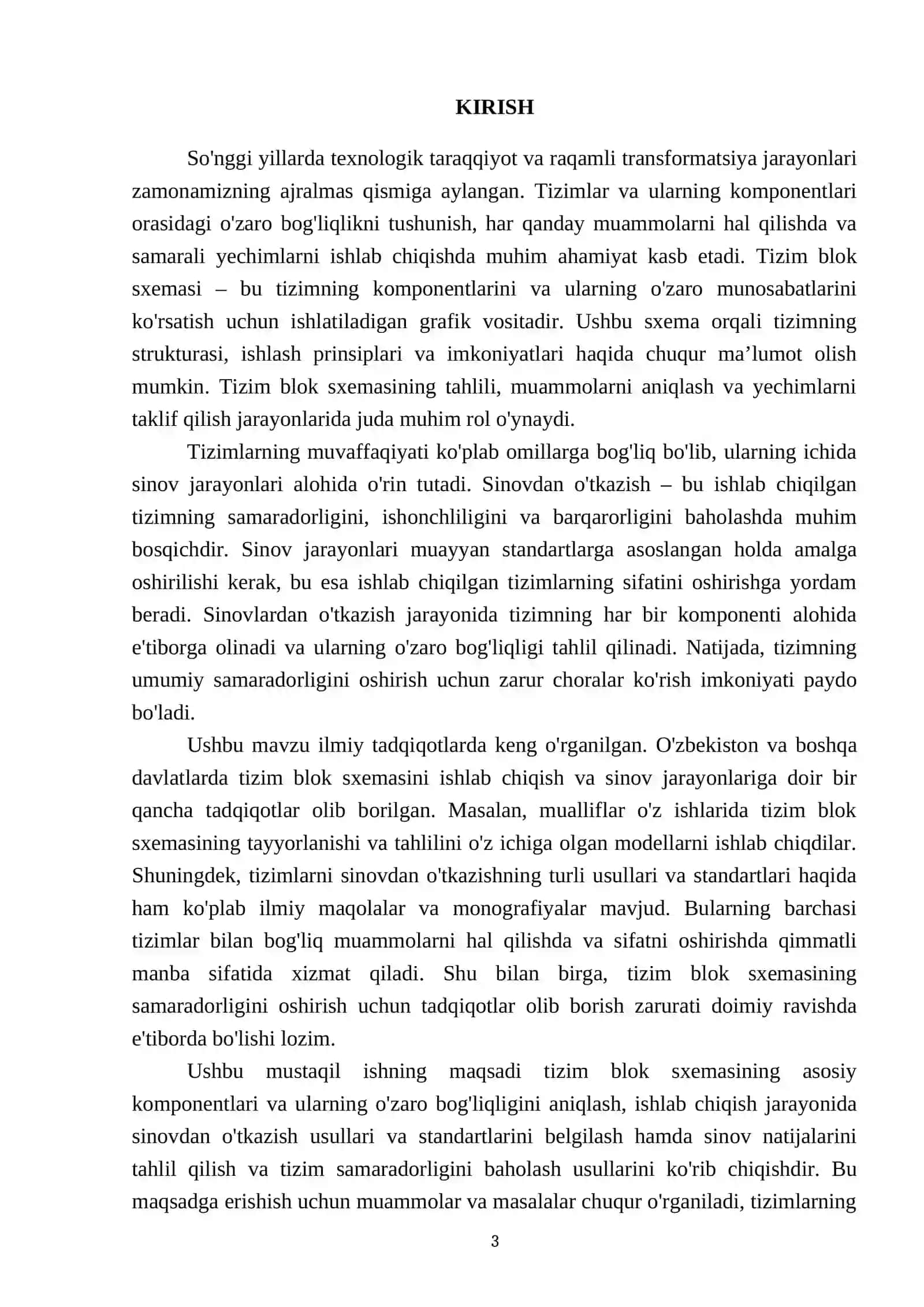 Tizim blok sxemasi.Ishlab chiqishga sinovdan otkazish 3