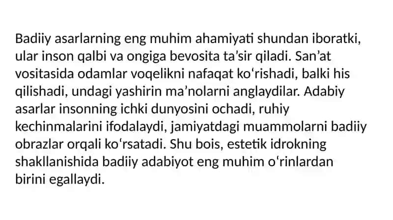 Dunyoni estetik idrok etishda badiiy asarlarning ahamiyati” mavzusida esse tayѐrlash. 3