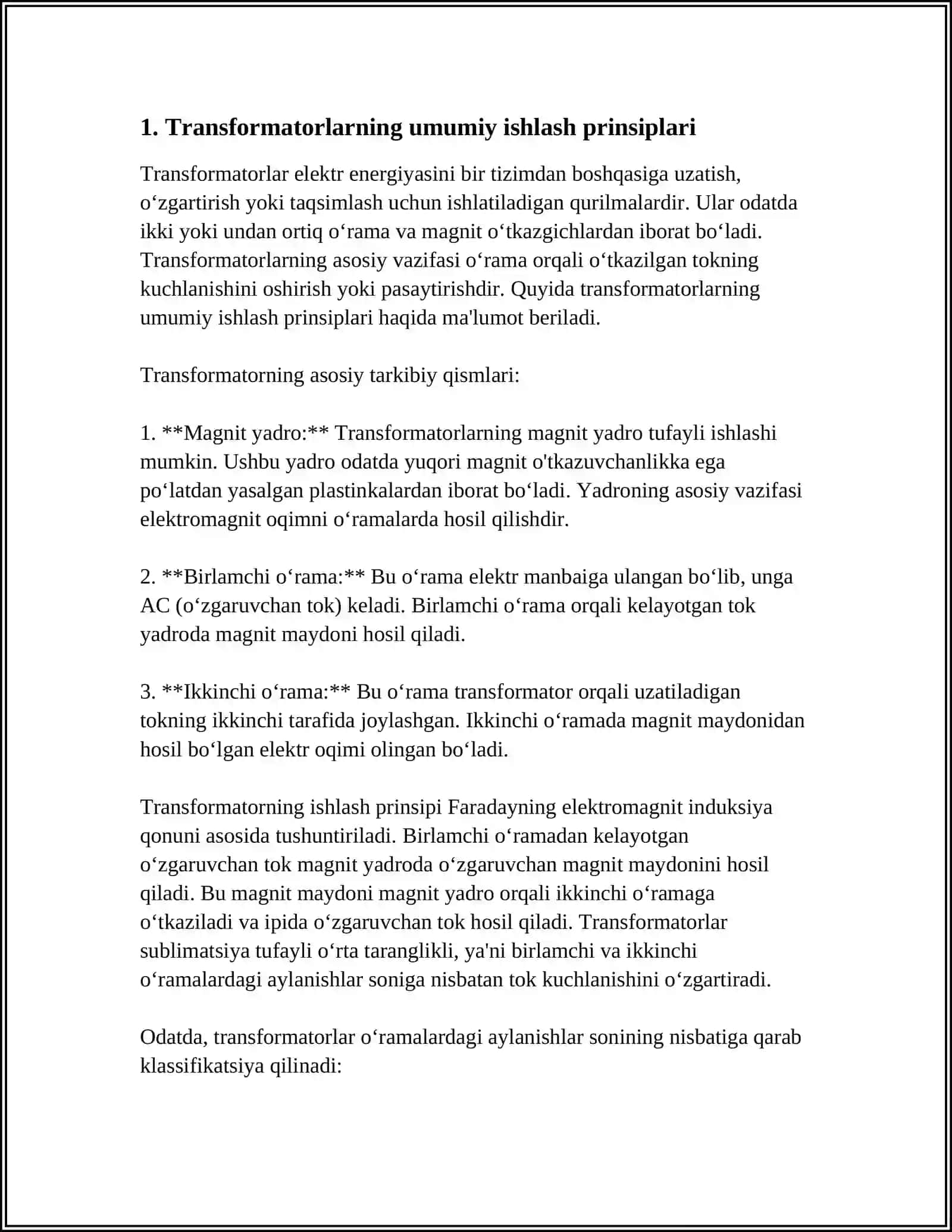 TRANSFORMATORLARGA OID UMUMIY MO'LUMOTLAR TRANSFORMATORLARNIG MAGNIT SISTEMALARI VA CHOLG'AMLARI 3