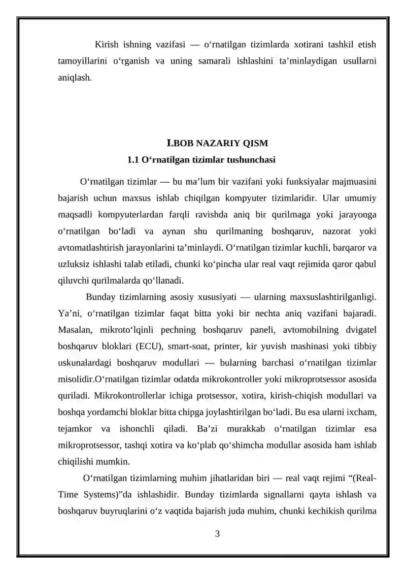 O‘rnatilgan tizimlarda xotira turlari KURS ISHI 3
