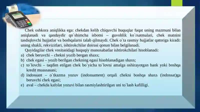 CHEKLAR BILAN HISOB KITOBLAR 3