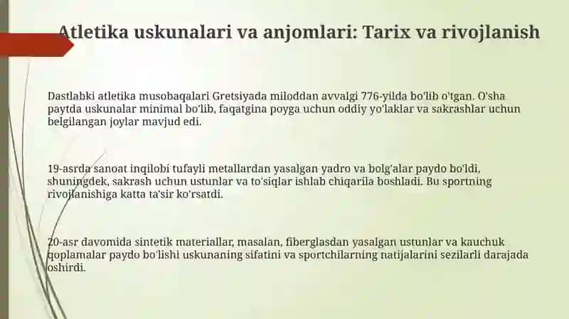 Atletika uskunalari va jihozlari: Tarix, turlari va texnik xususiyatlari 3