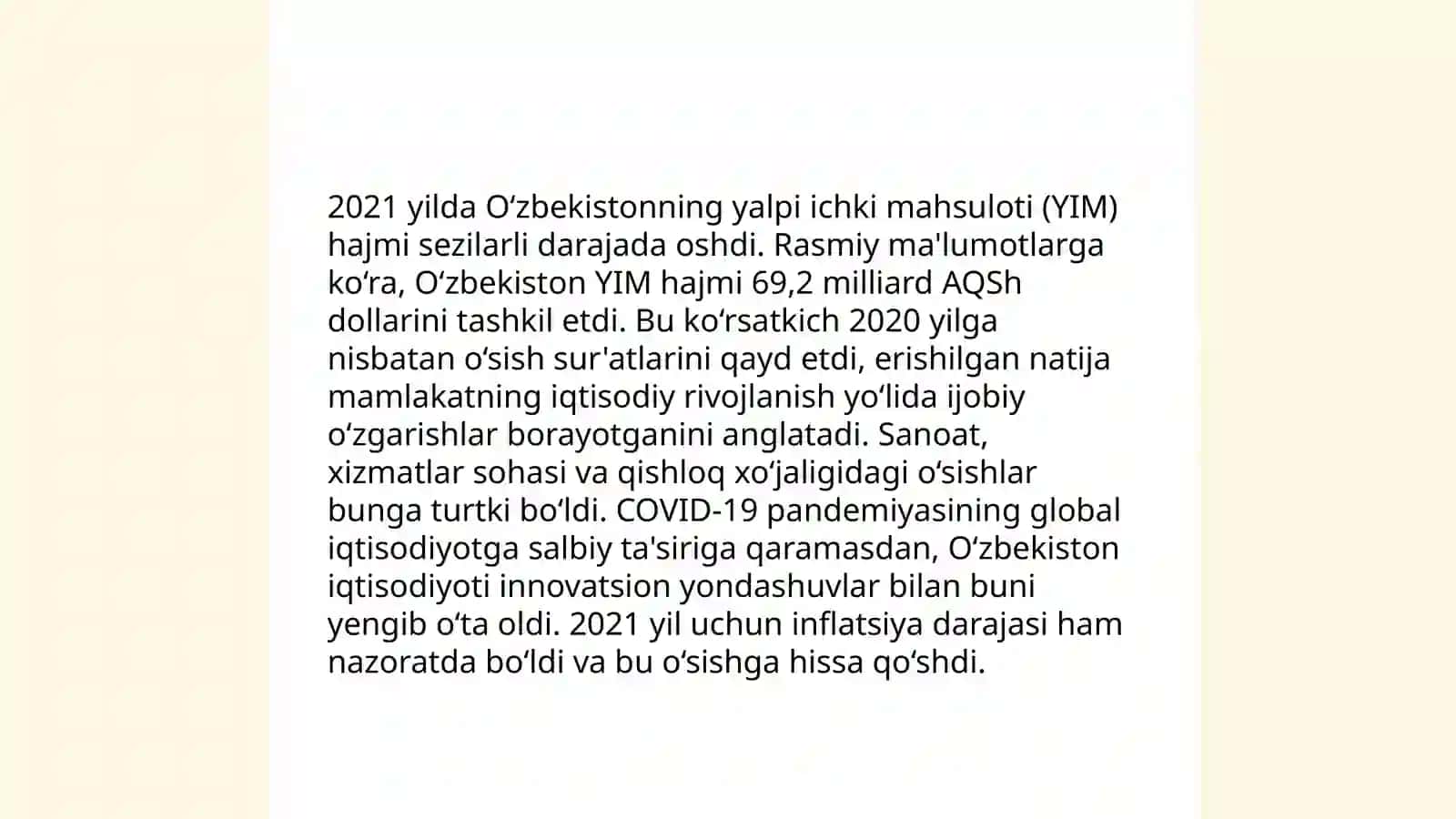 O‘zbekistonning yalpi ichki mahsuloti (YIM) hajmi 3