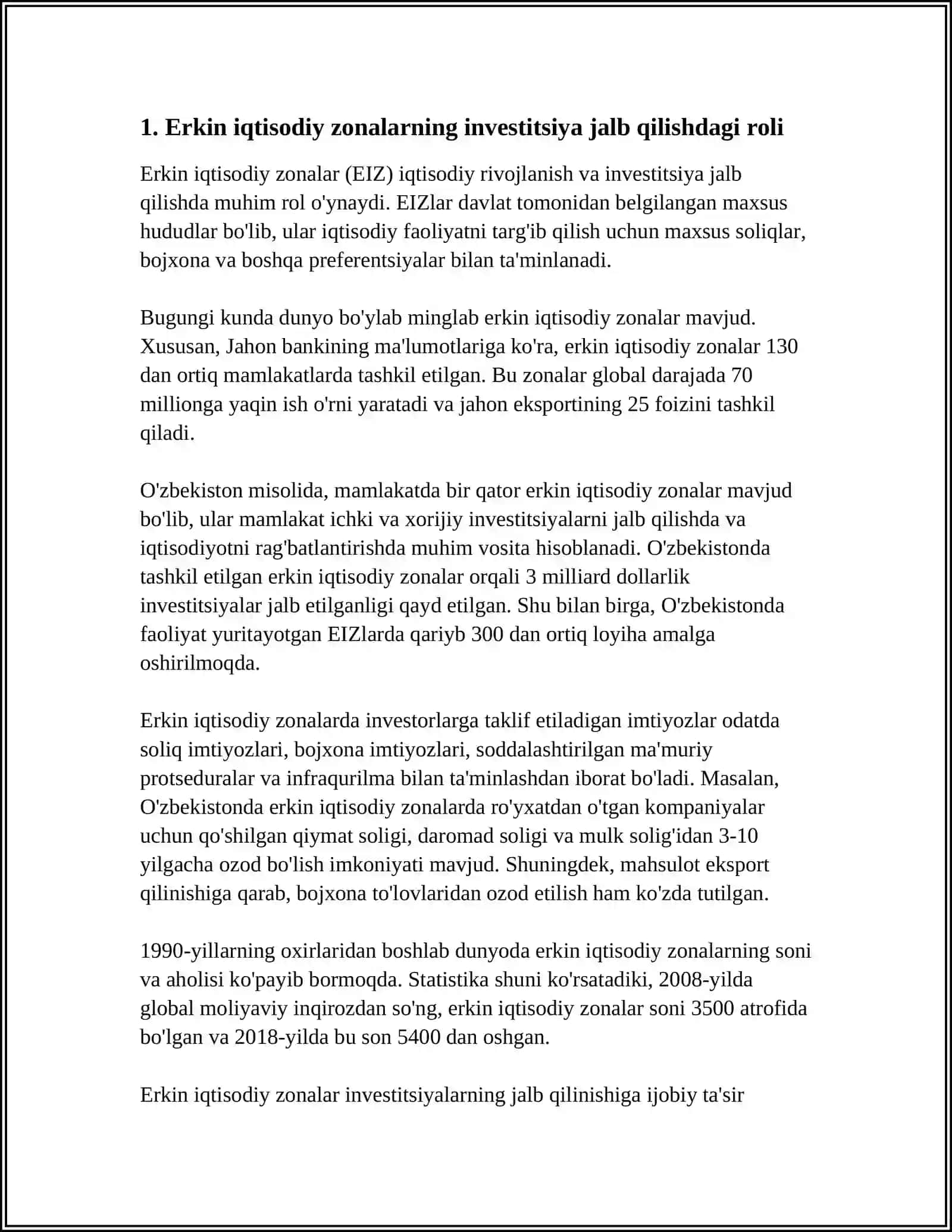 IQTISODIYOTGA INVESTITSIYANI JALB QILISHDA ERKIN IQTISODIY ZONALARNING O'RNI 3