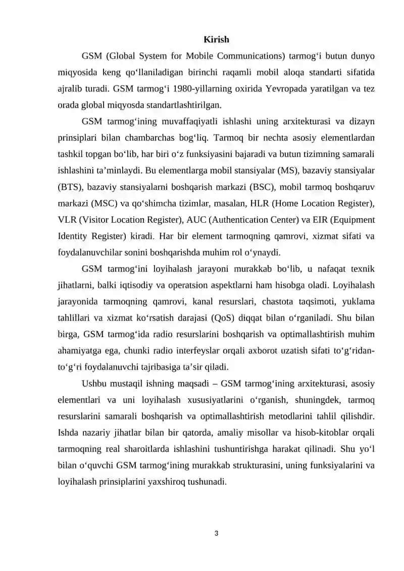 GSM tarmog‘i arxitekturasi va uni loyihalash xususiyatlari 3
