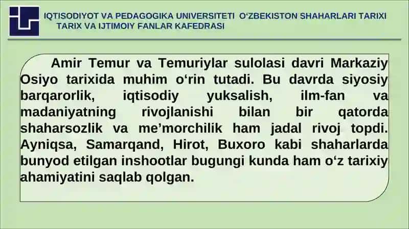 Amir Temur va Temuriylar davri shaharsozligi rivojining asoslari 3