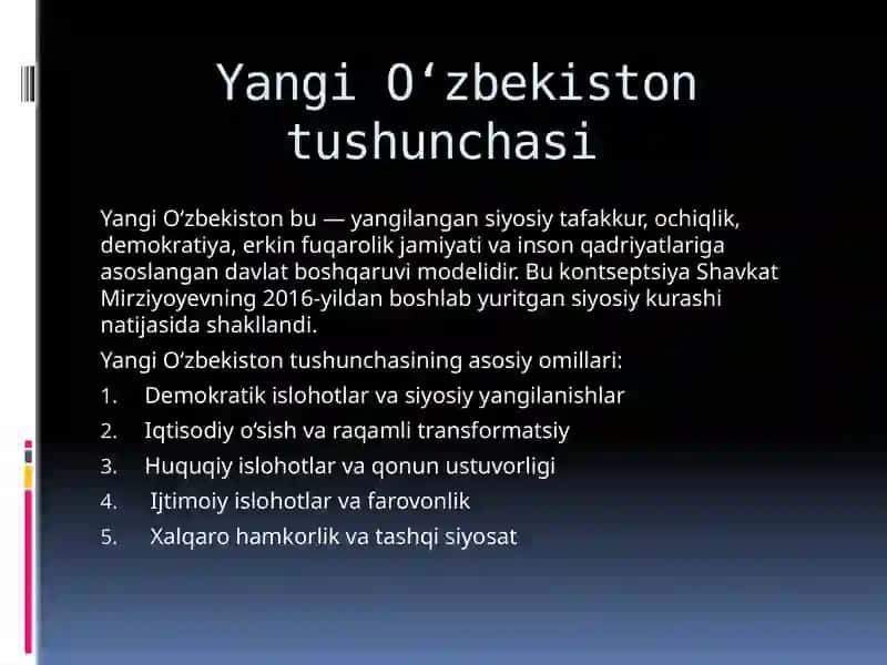 Yangi O’zbekistondagi demokratik o’zgarishlar,keng imkoniyatlar va amaliy ishlar 3
