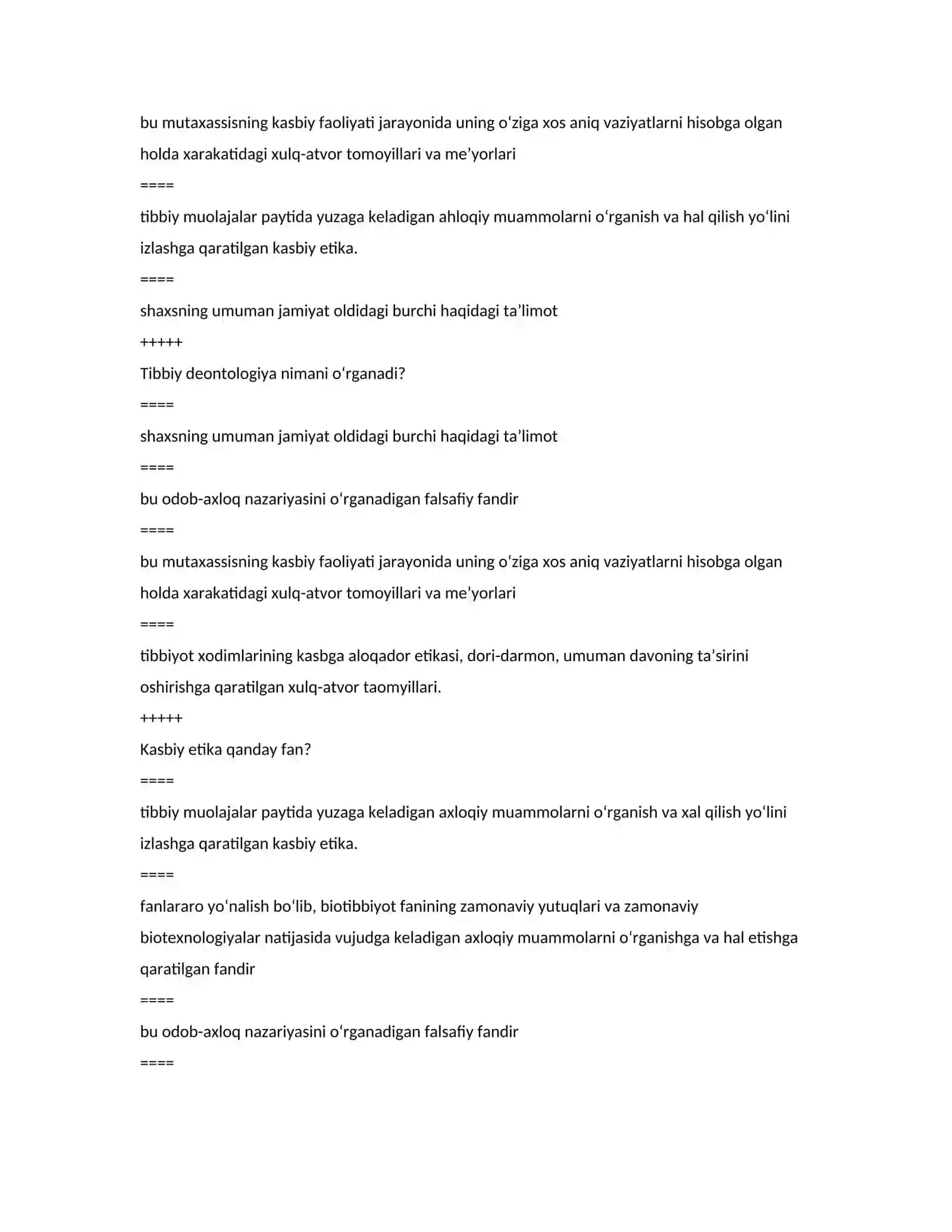 BIOETIKA TEST SAVOLLARI (O'ZBEKCHA) 3